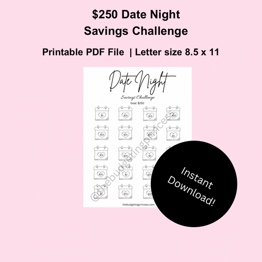 Date Night Savings Challenge - Save $250 | Printable Savings Tracker (digital download)