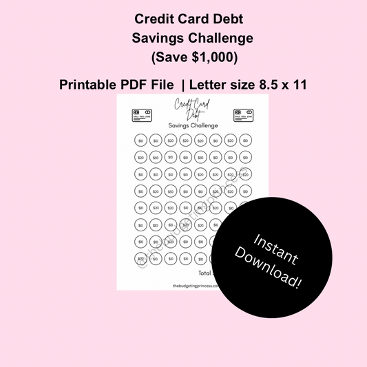 Credit Card Debt Payoff Savings Challenge - Save $1,000