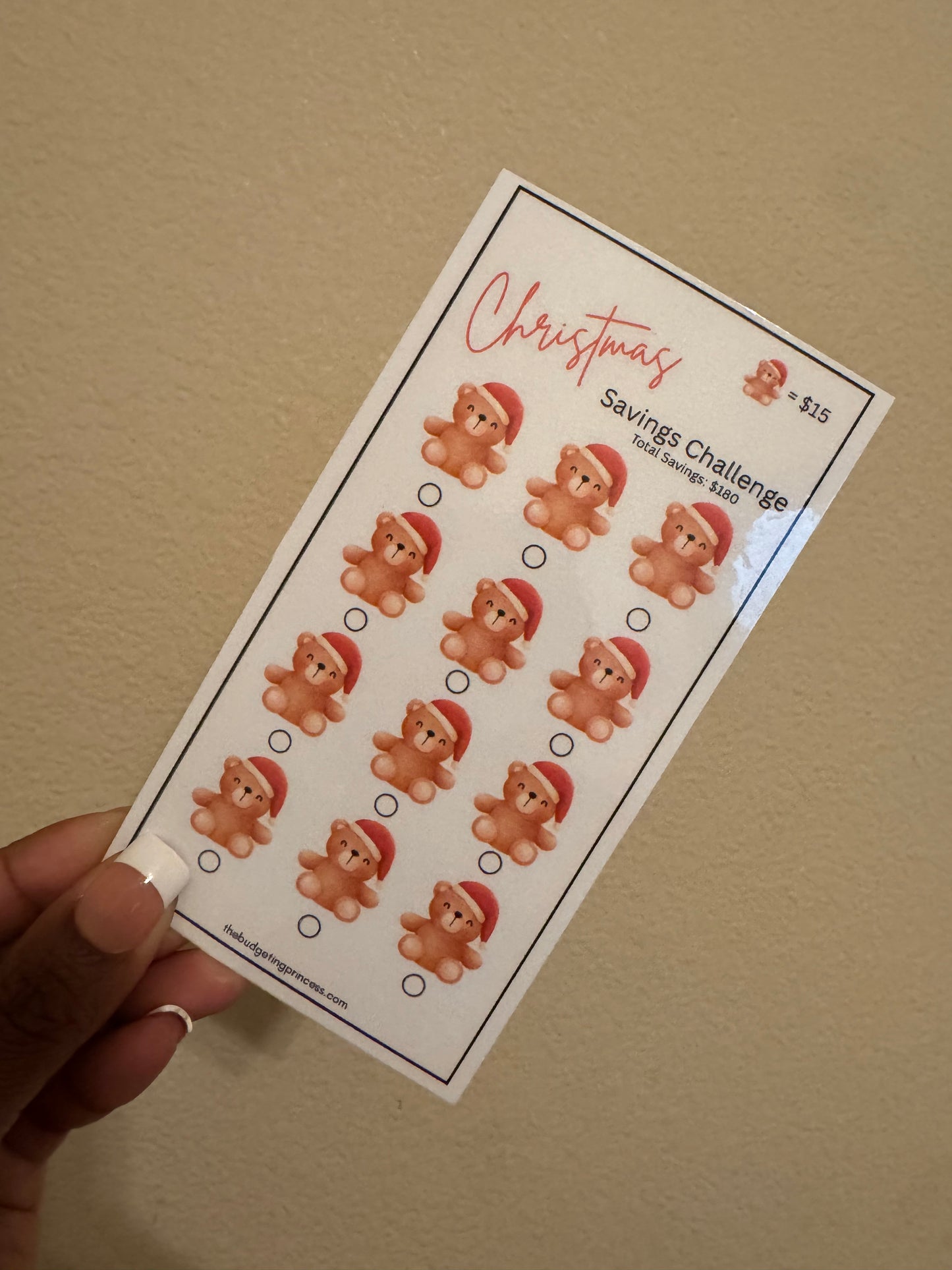 Teddy Bear Christmas Savings Challenge Insert - Save $180