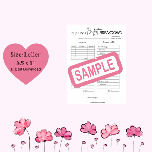 Pre-Filled 50/30/20 Budget Breakdown Printable | Paycheck Budget Template | Digital Download