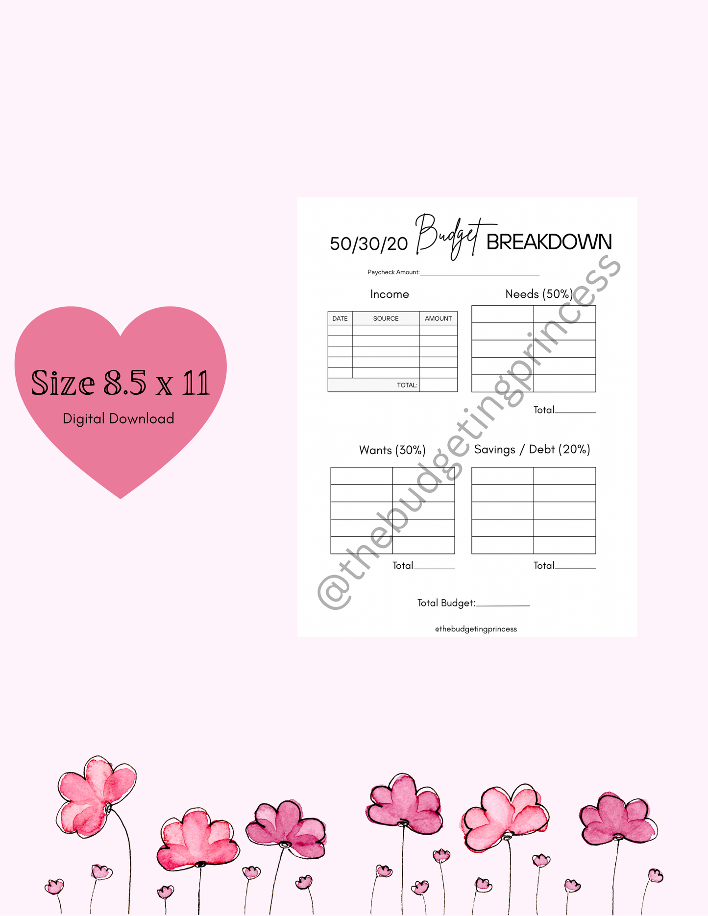 Blank 50/30/20 Budget Breakdown Printable | Paycheck Budget Template | Digital Download