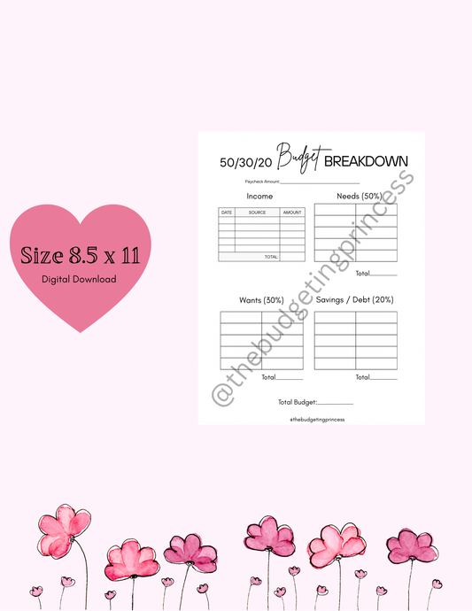 Blank 50/30/20 Budget Breakdown Printable | Paycheck Budget Template | Digital Download