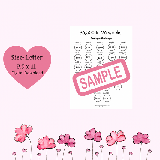 $6,500 in 26 Weeks Savings Challenge | printable pdf