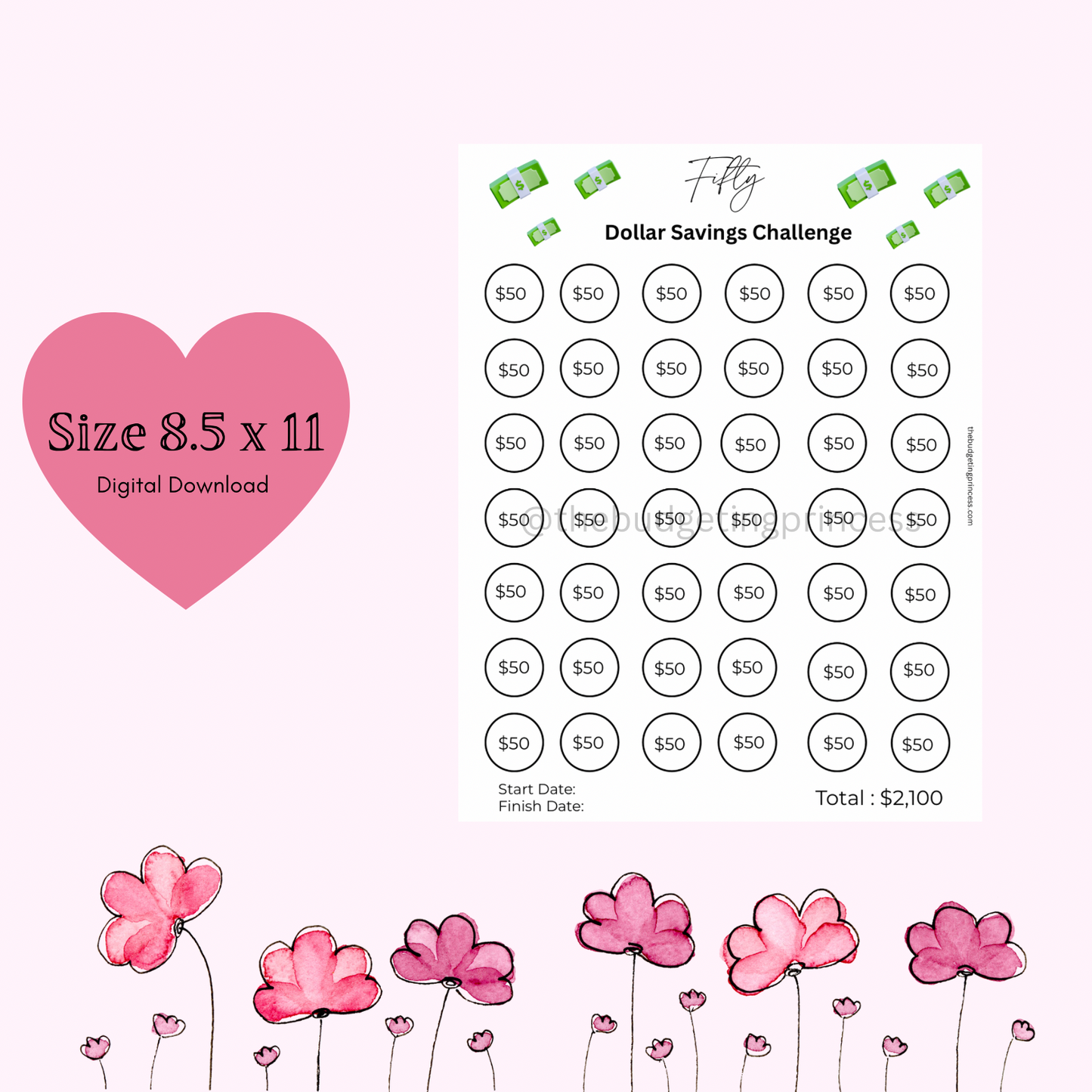 $50 Savings Challenge - Save $2,100 | Printable Savings Tracker(digital download)