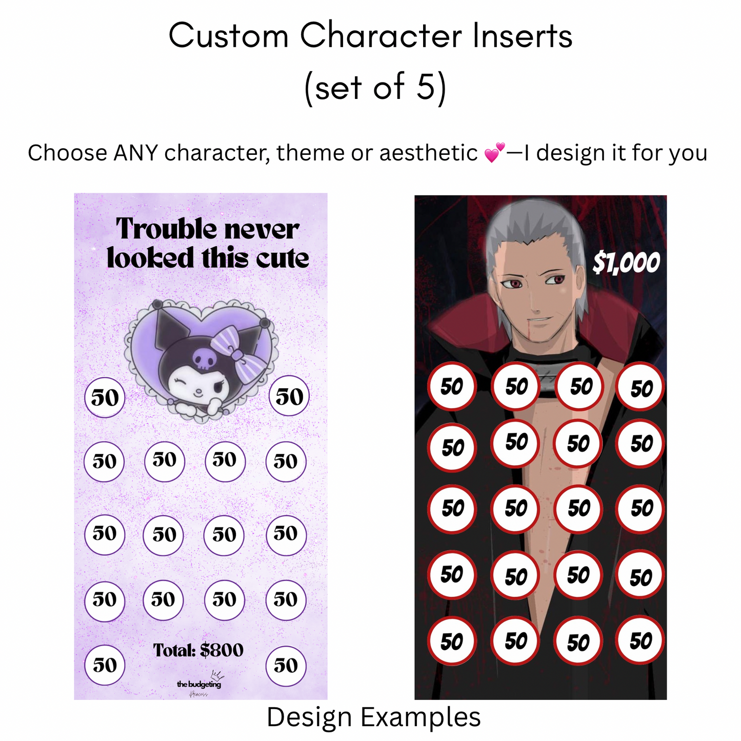 Custom Character Savings Challenge Inserts (set of 5) | A6 & A5 Binder Inserts — Physical