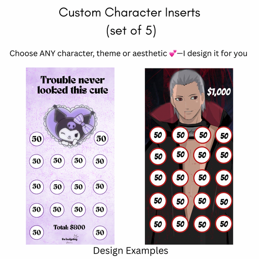 Custom Character Savings Challenge Inserts (set of 5) | A6 & A5 Binder Inserts — Physical