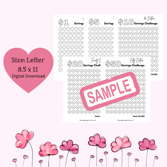 5 Pack Saving Challenge Bundle $1,$5,$10,$20,$50 Saving Challenges | Save $8,600 total (digital downloads)