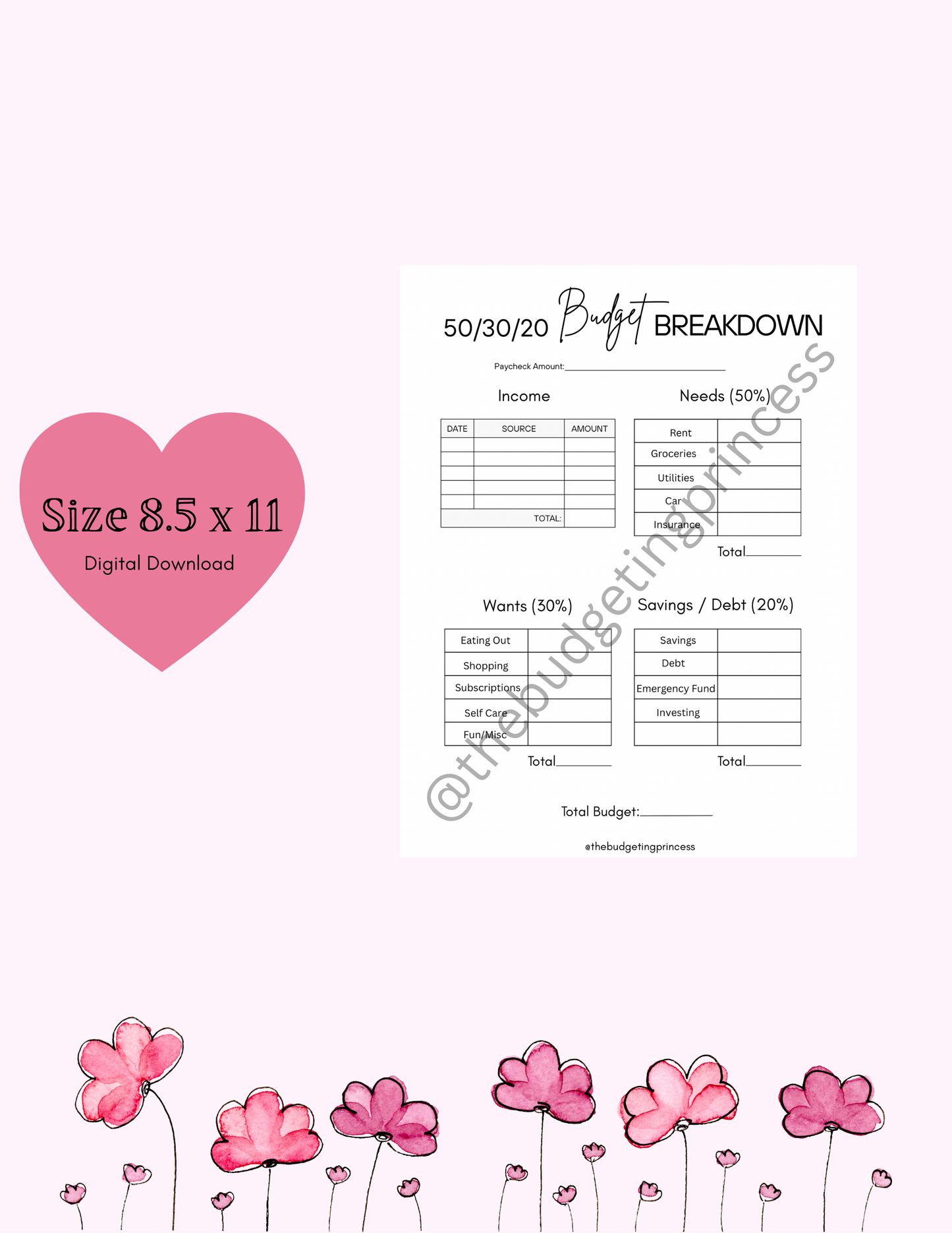 Pre-Filled 50/30/20 Budget Breakdown Printable | Paycheck Budget Template | Digital Download